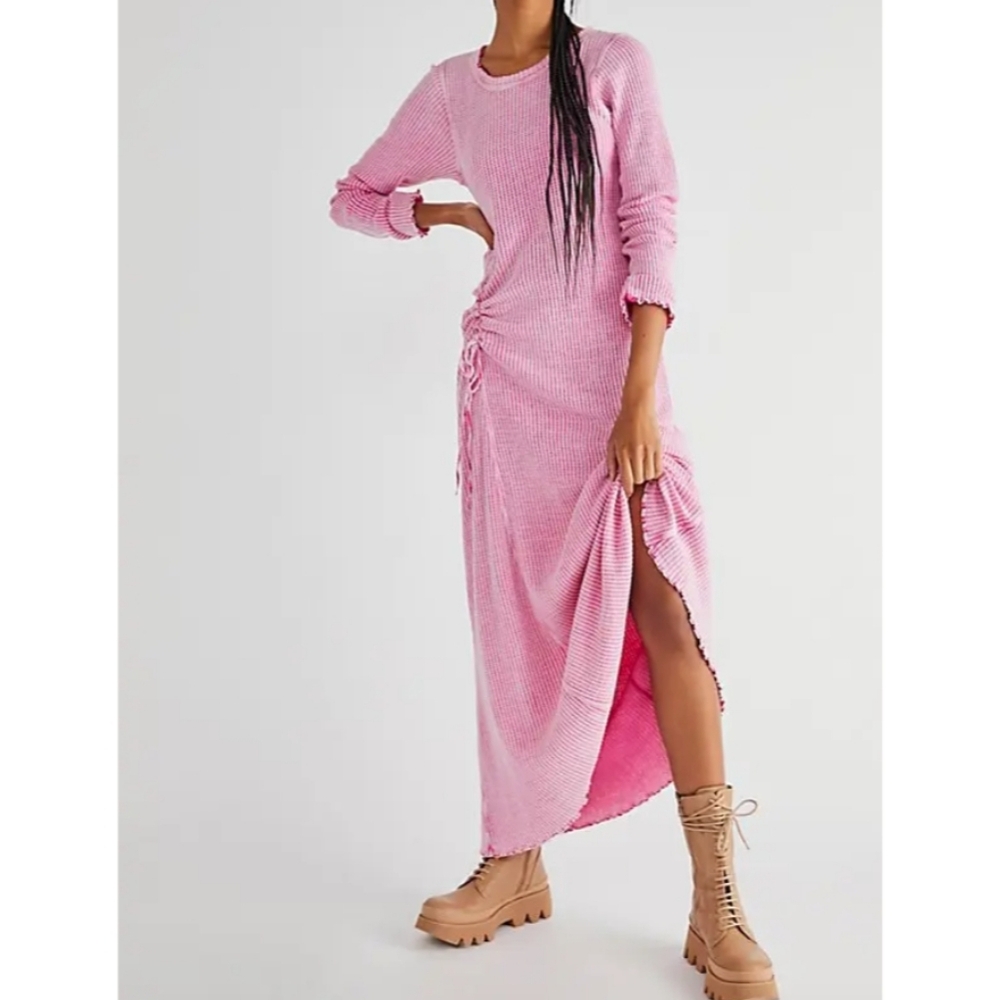 Free People Pink Ribbed Maxi Dress with Side Tie Ruching